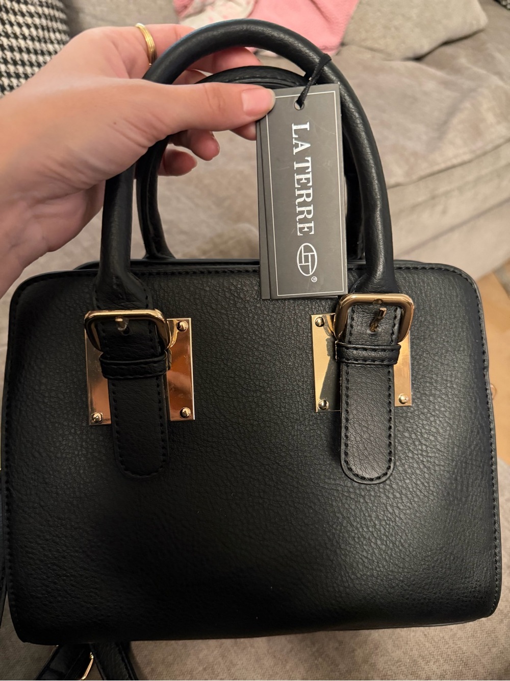 La Terre Black Leather Satchel with Gold Accents